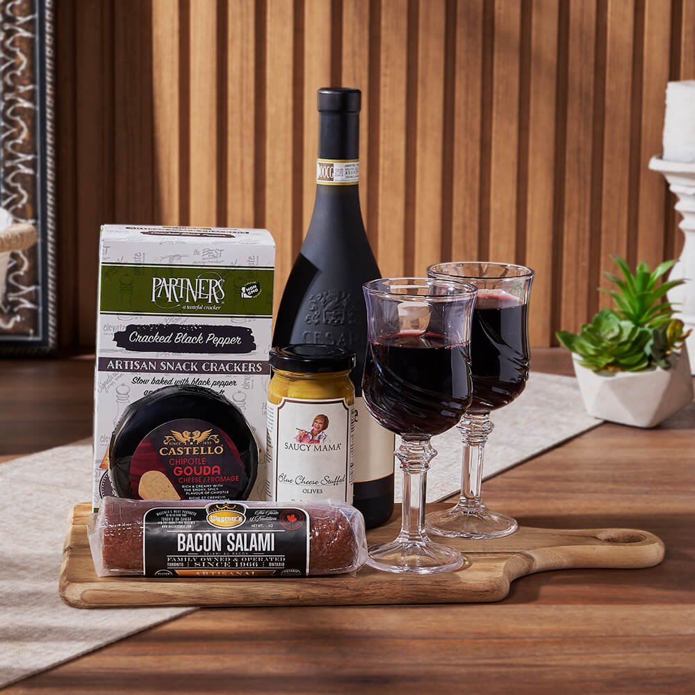 Wine Gift Basket Featuring Bacon Salami, Crackers, and Cheese – how the gift is presented