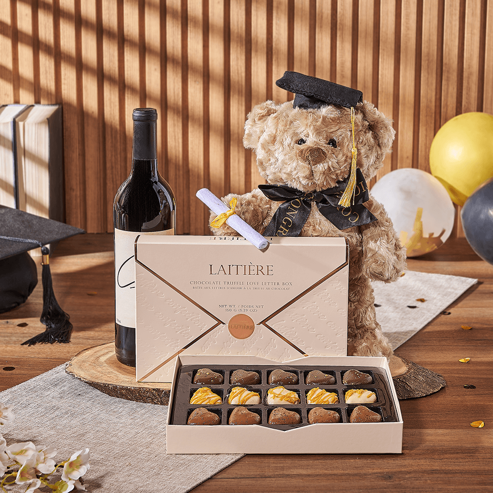 Graduation Love Letter Gift Basket with Wine and Laitière Truffles – how the gift is presented