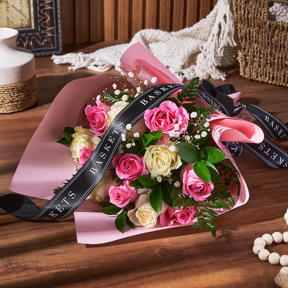 Premium Pink Roses and White Baby's Breath Floral Wrap Bouquet – how the gift is presented