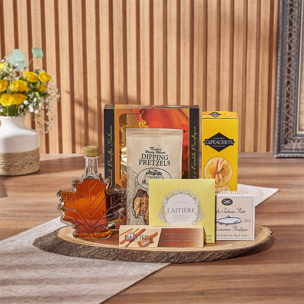 Deluxe Maple Smoked Salmon and Pure Maple Syrup Gift Basket – how the gift is presented