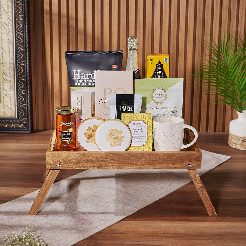 Champagne and Gourmet Snack Gift Basket with Flutes and Bed Tray – how the gift is presented