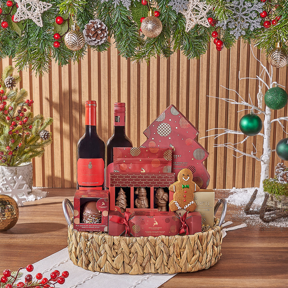 Two-Bottle Wine Gift Basket with Christmas Chocolates – how the gift is presented