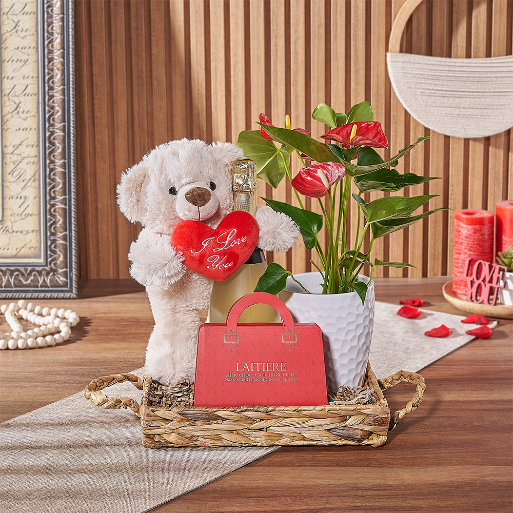 Sparkling Wine Valentine's Basket Featuring 5 Inch Anthurium and Plush Bear – how the gift is presented