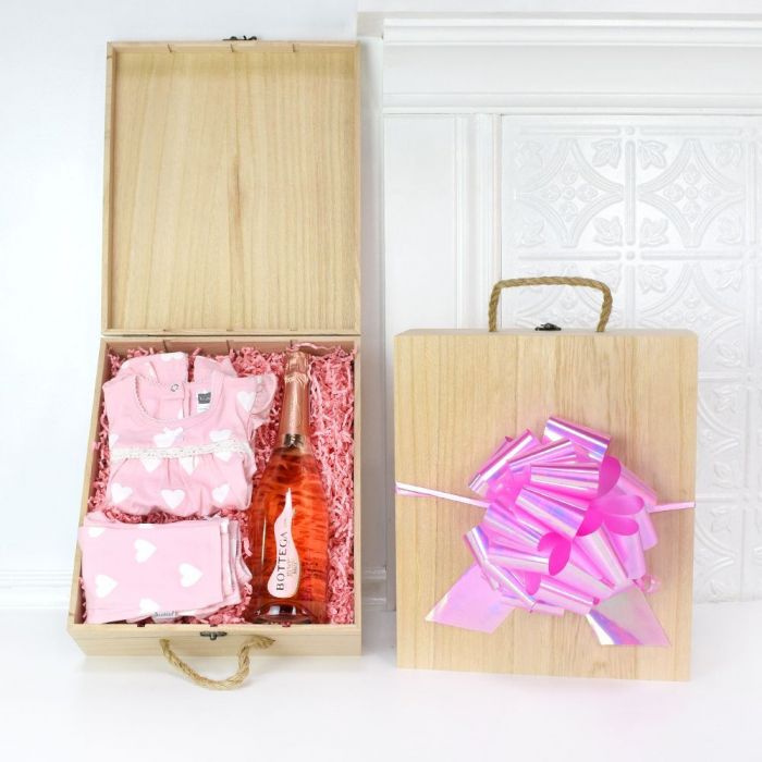 Rustic Crate Champagne Gift with Kushies Newborn Girl Apparel – how the gift is presented