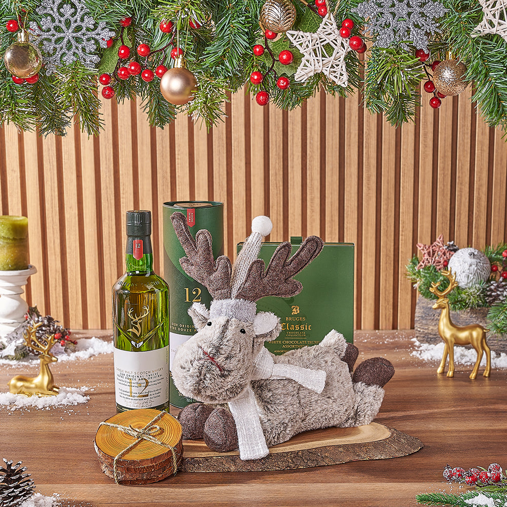 Holiday Liquor Gift Set with White Chocolate Truffles and Wooden Accents – how the gift is presented
