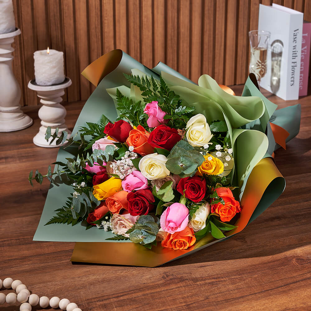 Designer Wrapped Mixed Rose and Baby’s Breath Bouquet – how the gift is presented