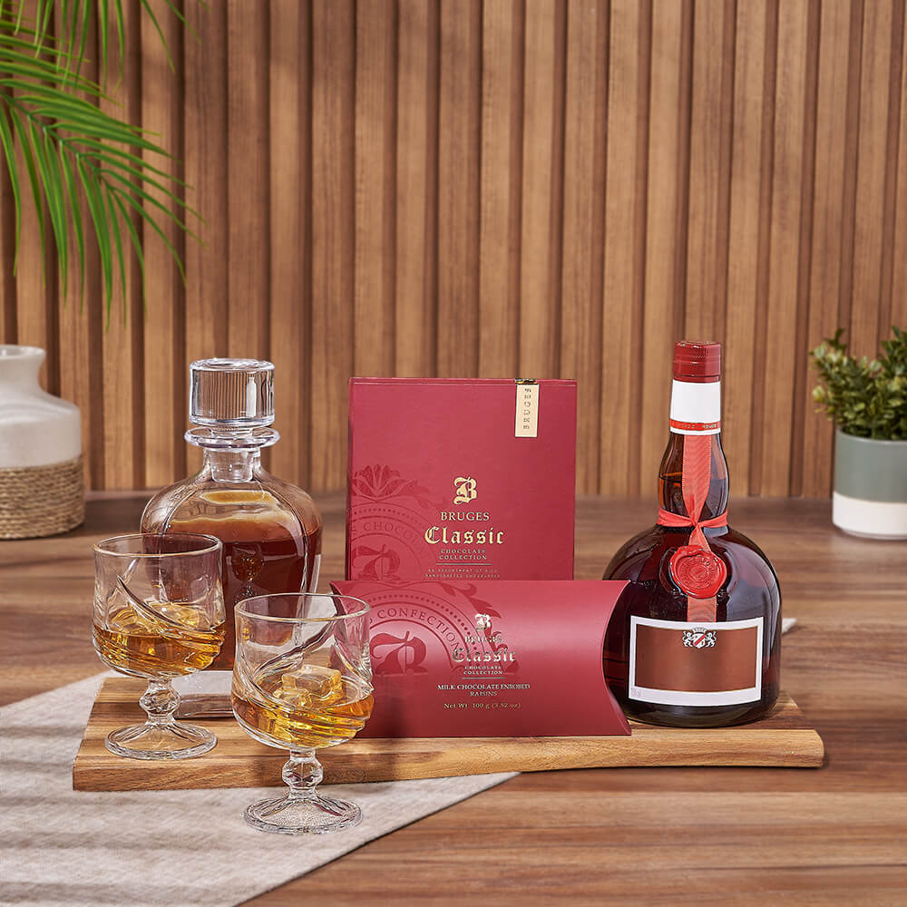Vodka and Gourmet Milk Chocolate Gift Basket with Decanter – how the gift is presented