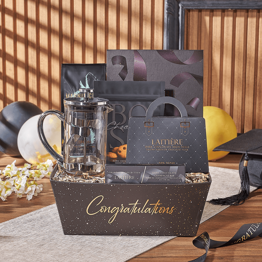 Graduation Coffee and Gourmet Chocolate Gift Set – how the gift is presented