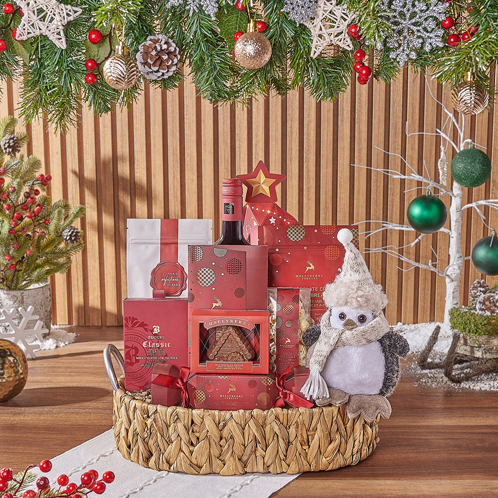 Festive Woven Basket Featuring Wine and Holiday Chocolate Treats – how the gift is presented