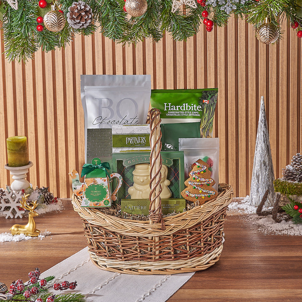 Classic Boat-Shaped Basket Filled with Holiday Gourmet Treats – how the gift is presented