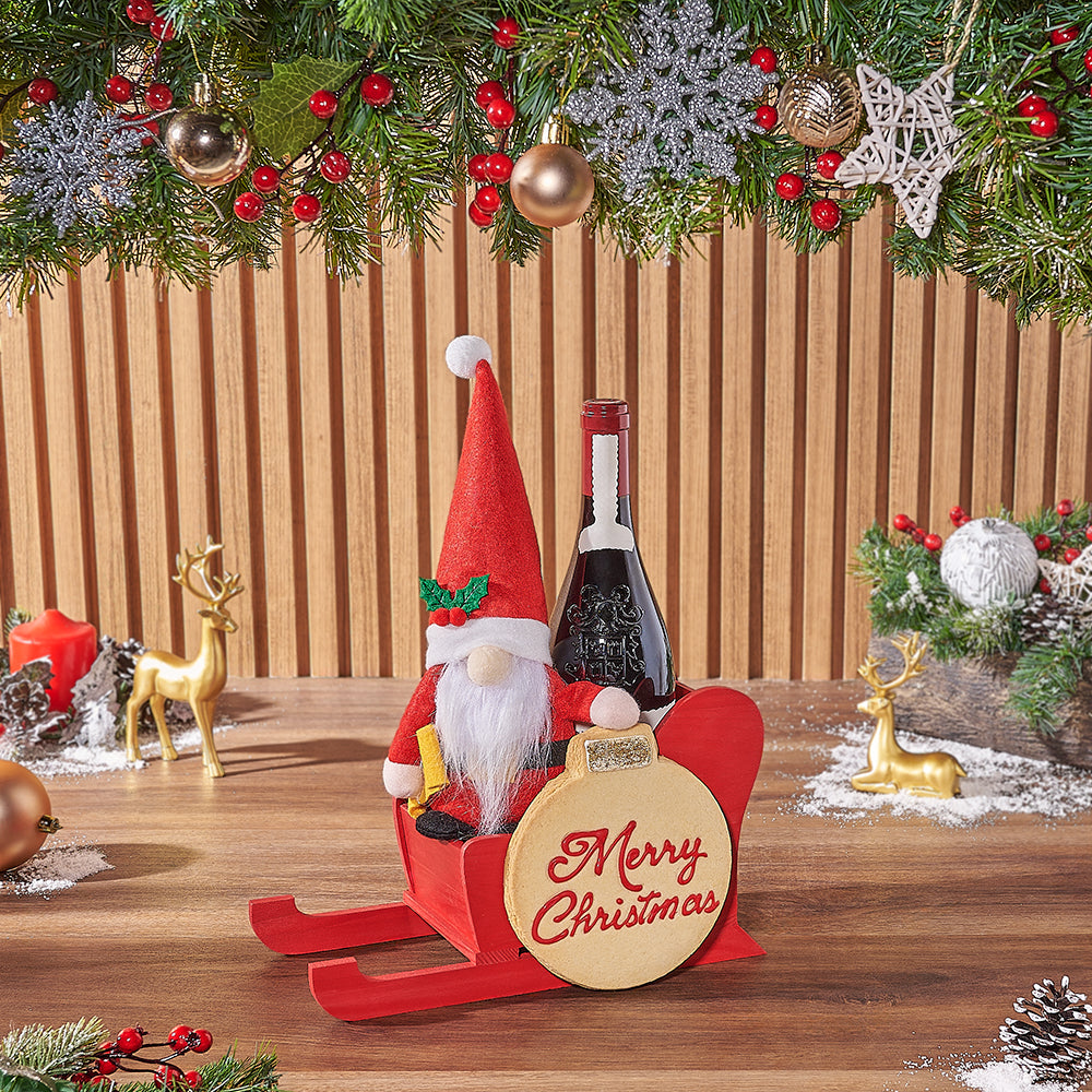 Holiday Wine Gift Set Featuring Santa Plush and Ornament Cookie – how the gift is presented