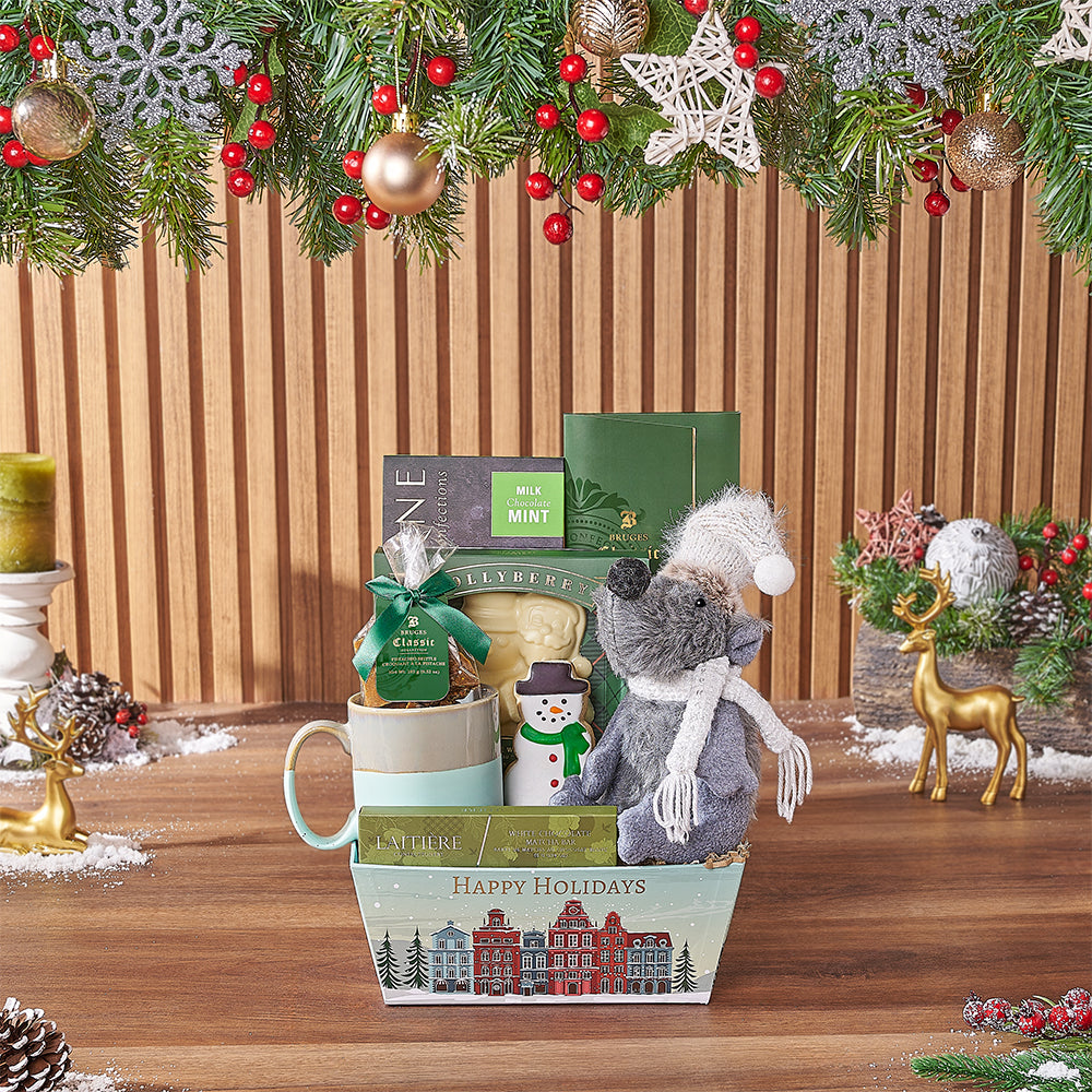 Holiday Market Tray with Assorted Divine and Bruges Chocolates Gift Basket – how the gift is presented