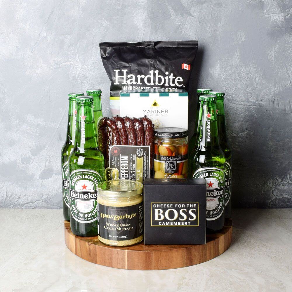 Craft Beer and Gourmet Treats Gift Basket with Acacia Cutting Board – how the gift is presented