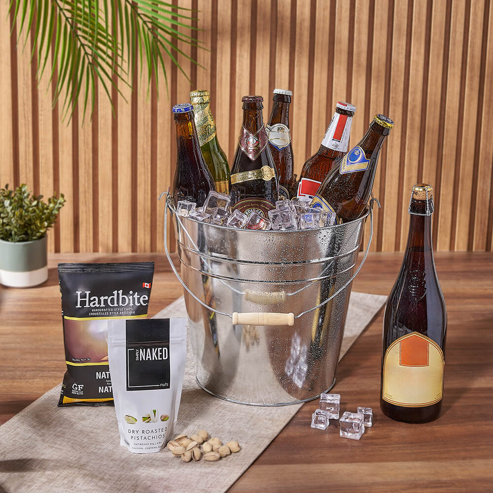 Premium Beer Gift Basket in Metal Bucket with Gourmet Pistachios and Chips – how the gift is presented