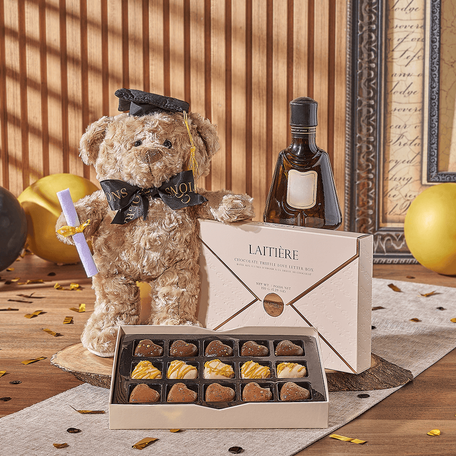 Spirits & Graduate Bear Gift, liquor gift, liquor, chocolate gift, chocolate, plush gift, plush, graduation gift, graduation, New Hampshire delivery