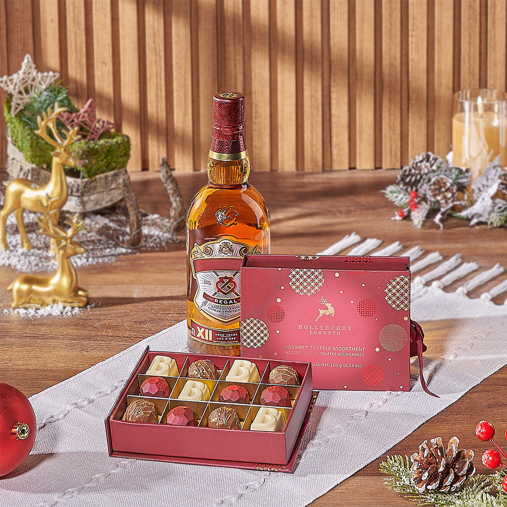 Bright Festive Liquor and Hollyberry Chocolate Truffles Gift Set – how the gift is presented
