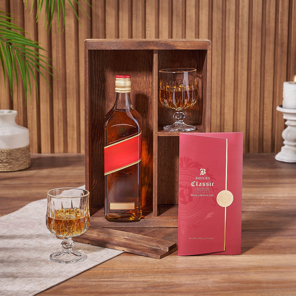 Premium Whiskey Gift Basket with Bruges Chocolate and Snifter Glasses – how the gift is presented