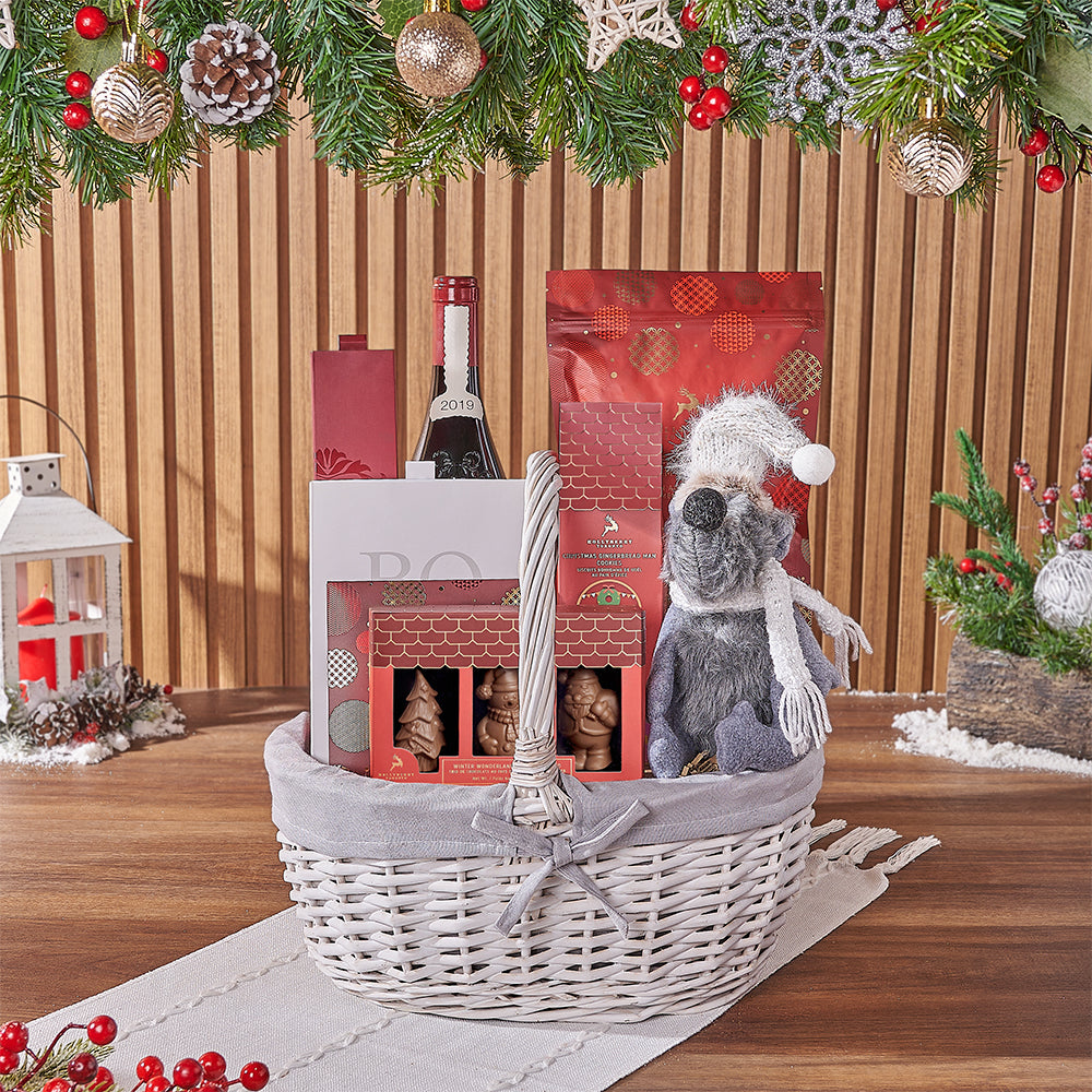 Festive Wine and Holiday Chocolate Gift Basket – how the gift is presented