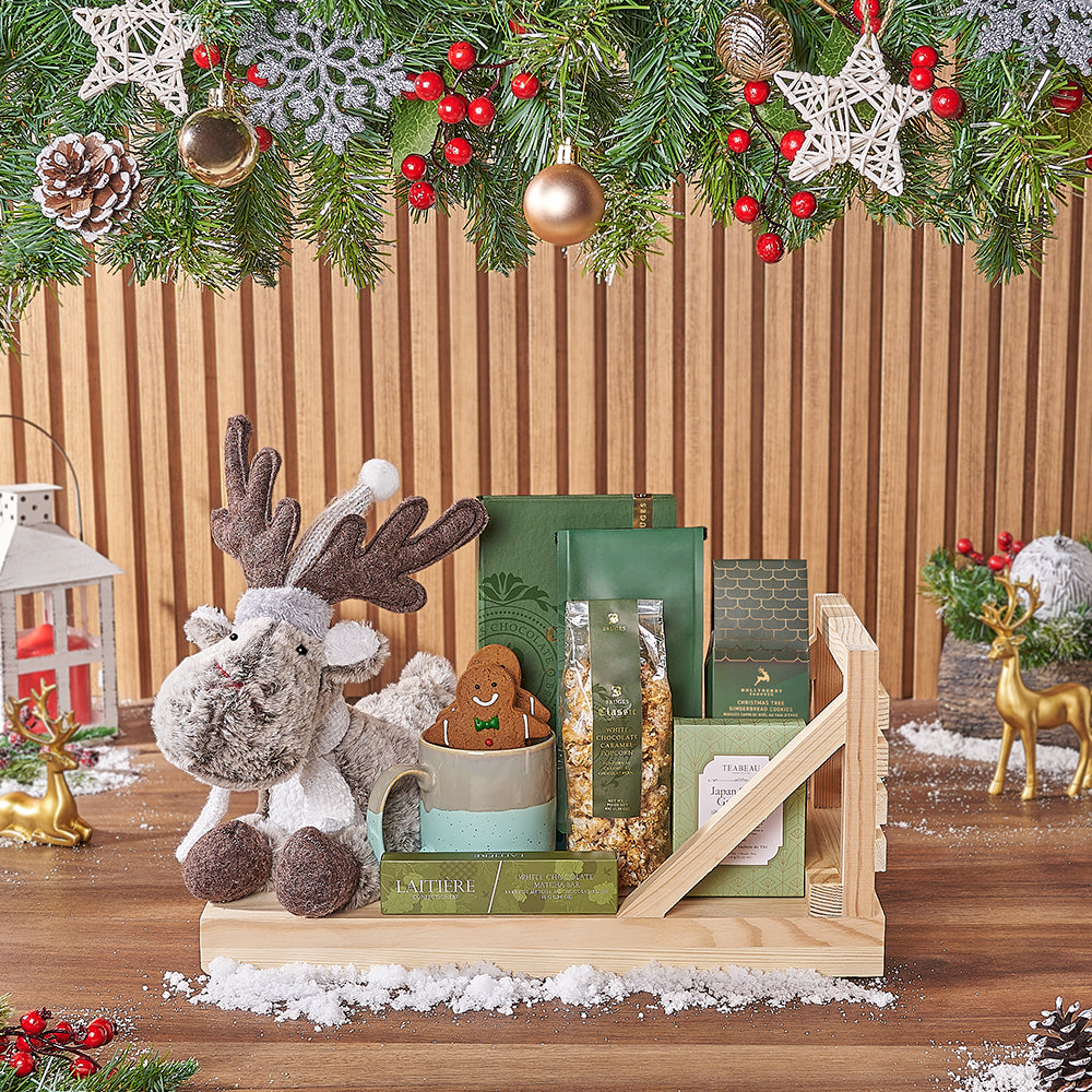 Holiday Pine Wood Sleigh with Gourmet Chocolate and Tea Gift Basket – how the gift is presented