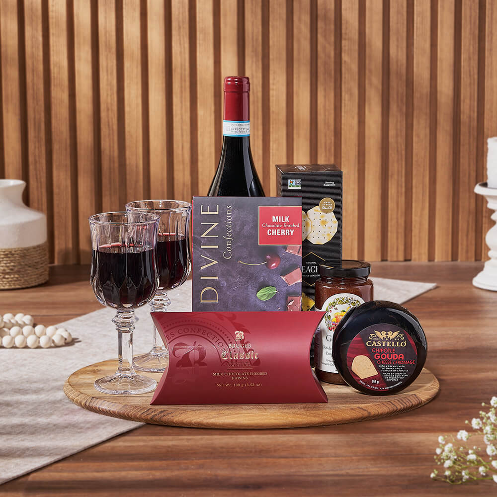 Chocolate Covered Cherry and Wine Basket – how the gift is presented