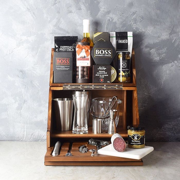 Signature Gourmet Food Collection in Tabletop Bar Gift Basket – how the gift is presented