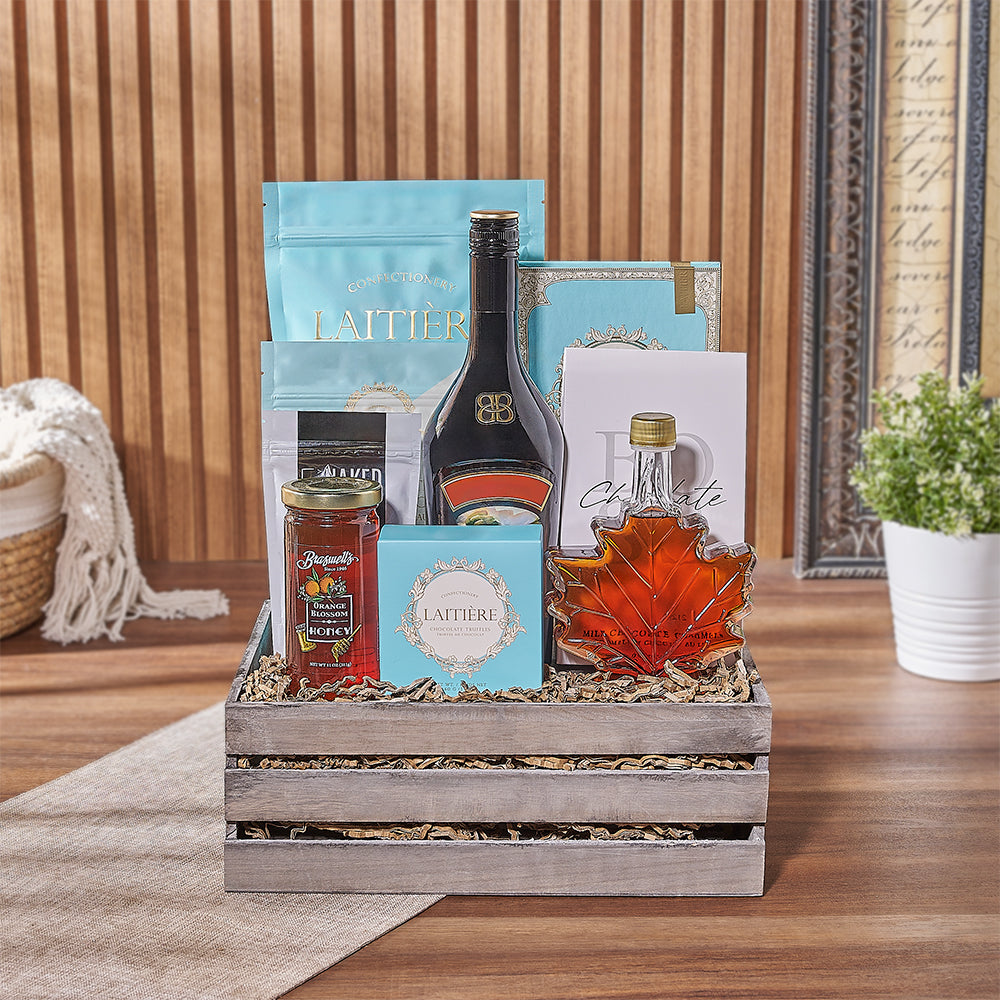 Vodka and Artisanal Sweet & Savory Snacks Gift Basket – how the gift is presented