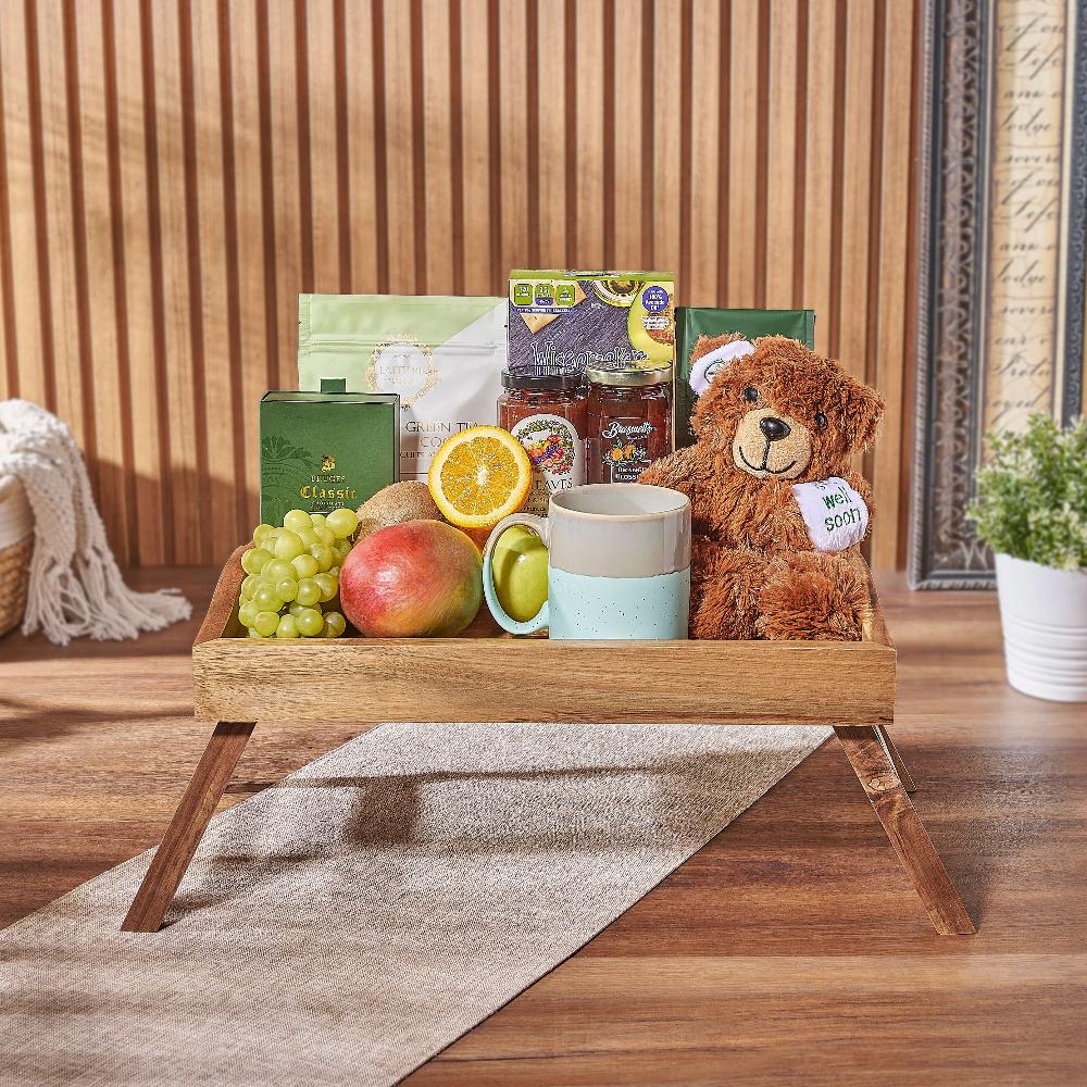 Get Well Gift Tray with Plush Green Bear and Gourmet Treats – how the gift is presented