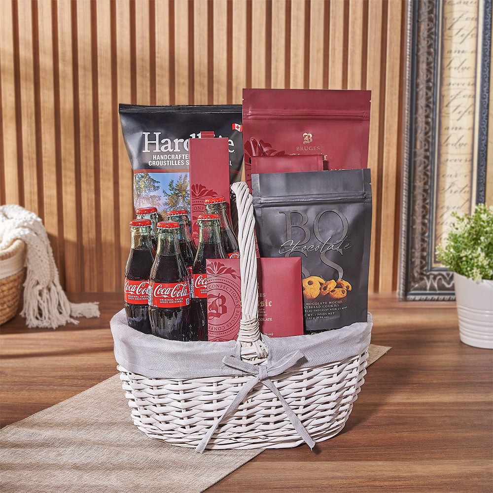 Large White Wicker Basket with Hardbite Chips and Bruges Chocolates – how the gift is presented