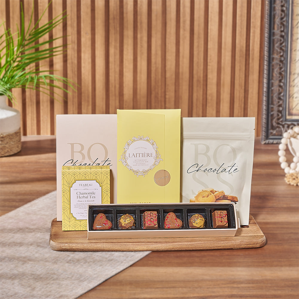 Deluxe Gift Set Featuring Milk Chocolate Truffles and Chamomile Tea – how the gift is presented