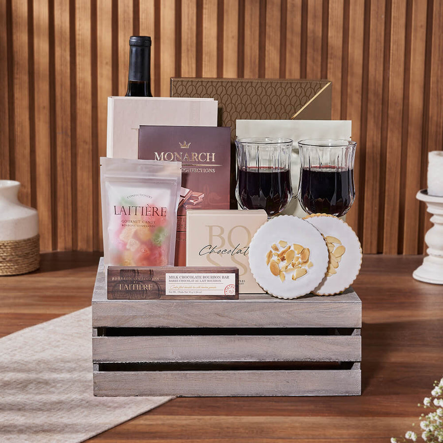Ultimate Chocolate & Wine Gift Crate, wine gift, wine, chocolate gift, chocolate, cookie gift, cookie, New Hampshire Delivery