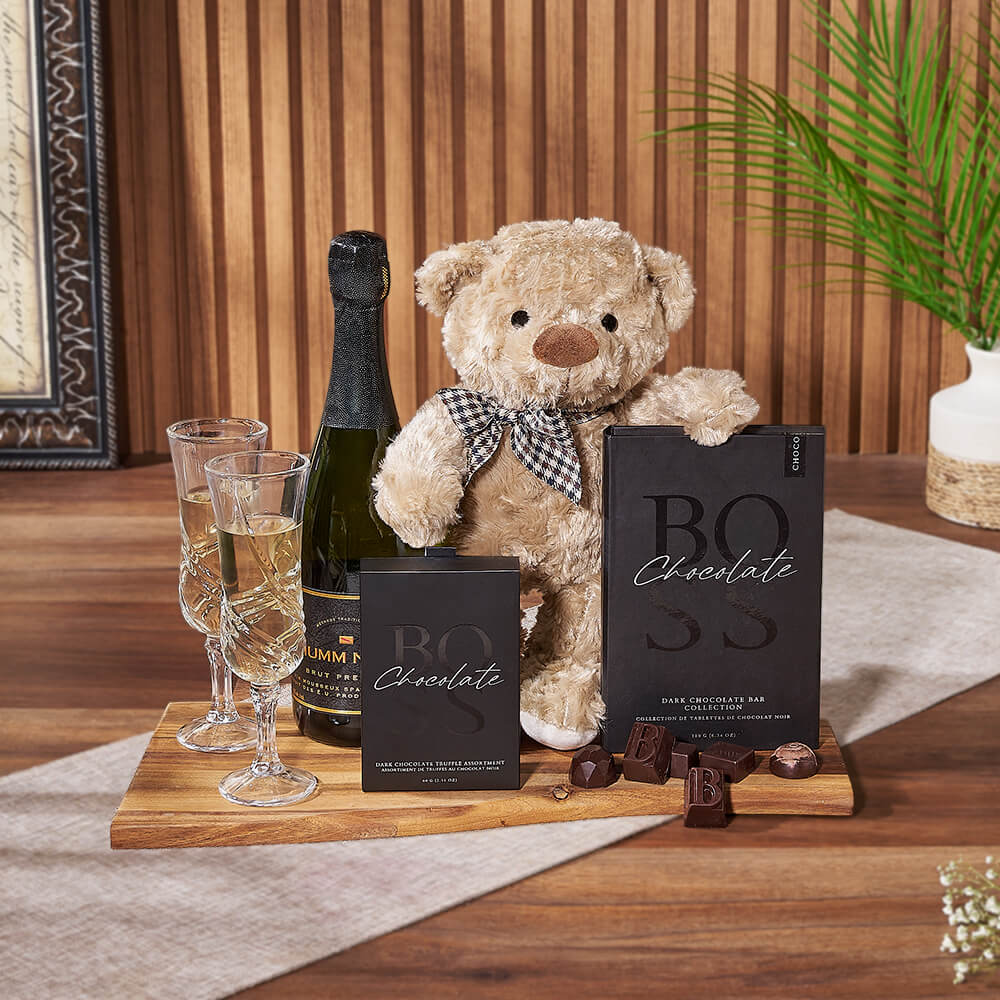 Sparkling Wine Gift Basket with Gourmet Dark Chocolates and Wooden Serving Board – how the gift is presented