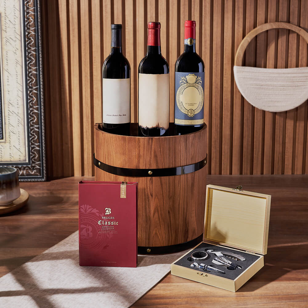 Bruges Milk Chocolate and 3-Bottle Wine Collection in Wooden Barrel – how the gift is presented