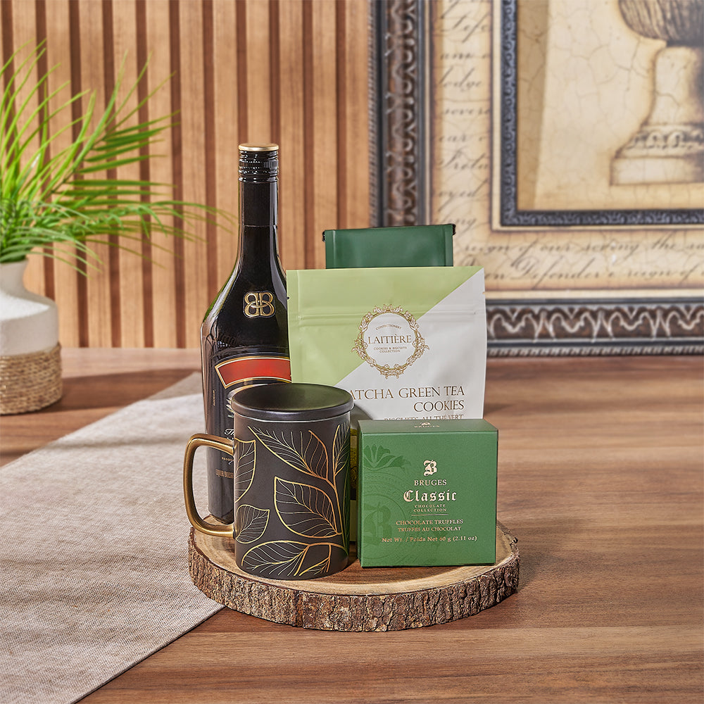 Vodka and Bruges Coffee Gift Basket with Serving Board – how the gift is presented
