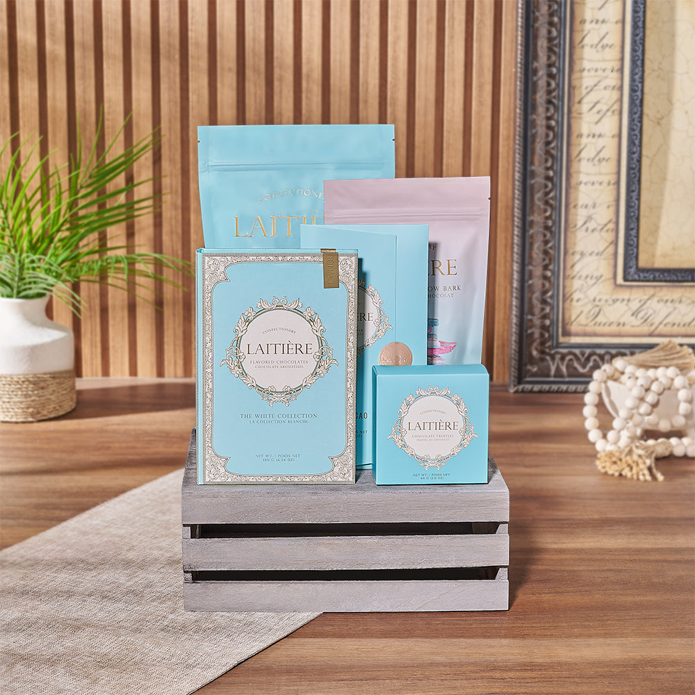 Chocolate Gift Basket in Grey Crate – how the gift is presented