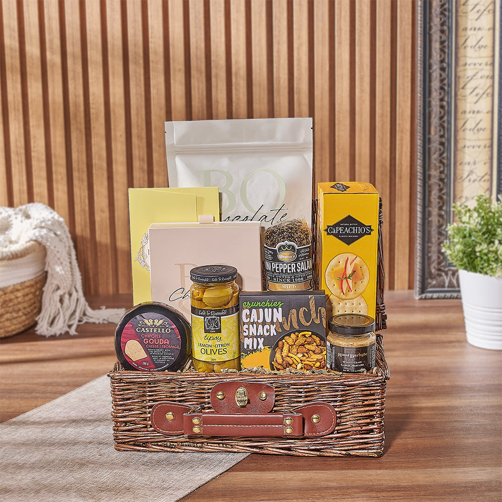 Deluxe Wicker Basket with Premium Chocolates and Snacks – how the gift is presented
