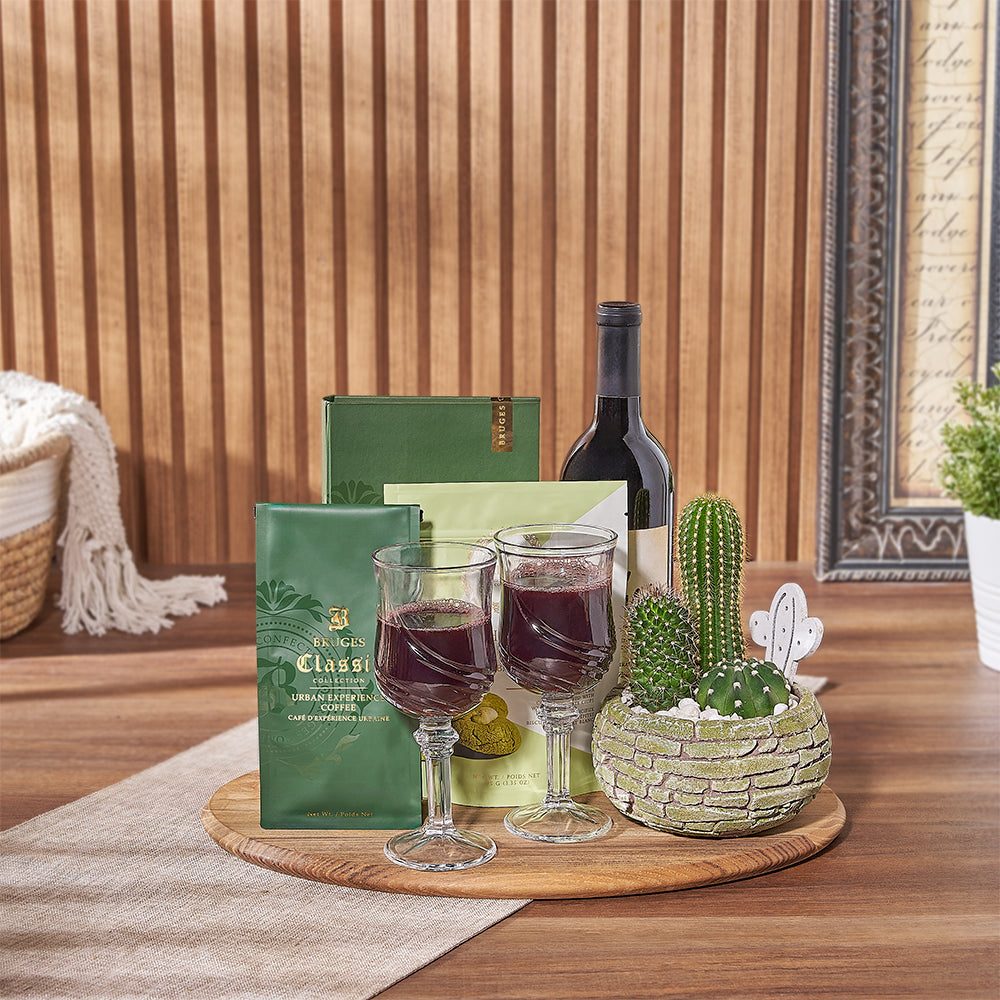Welcome Home Red Wine and Cactus Gift Basket – how the gift is presented