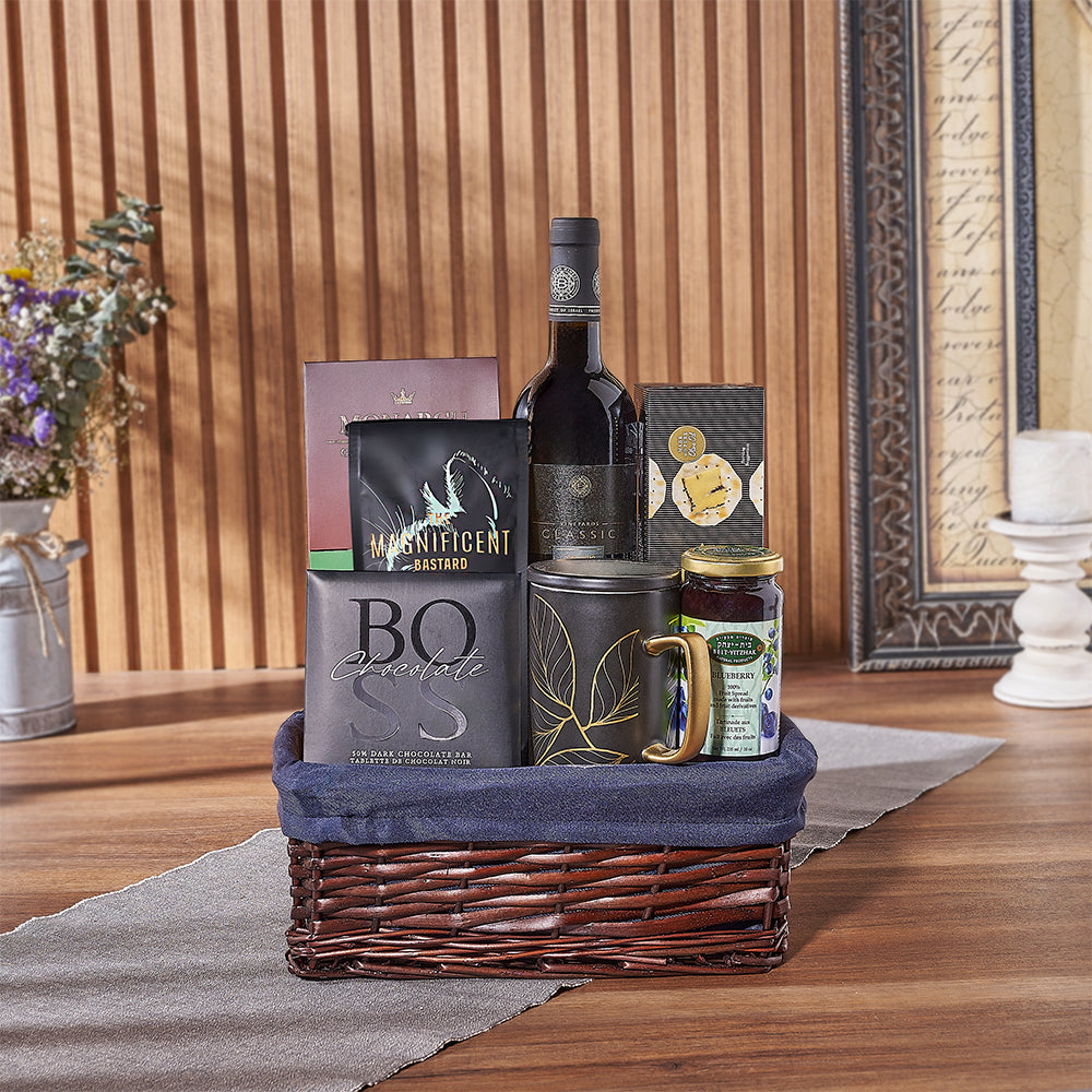 Holiday Season Wine Gift Basket Featuring Kosher Wine and Gourmet Snacks – how the gift is presented