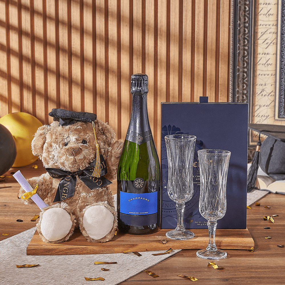 Sparkling Wine Graduation Gift Basket Featuring Bruges Truffles and Acacia Board – how the gift is presented