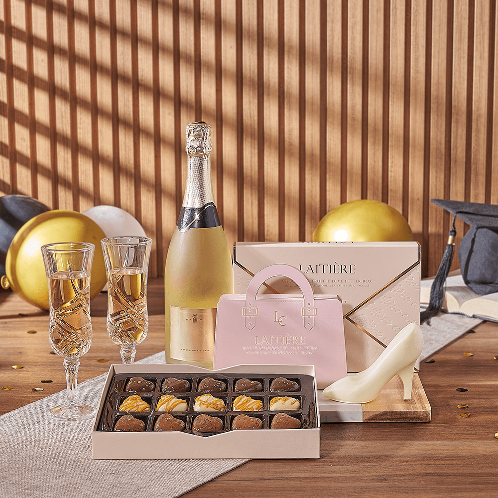 Graduation Celebration Sparkling Wine Basket with Chocolates and Flutes – how the gift is presented
