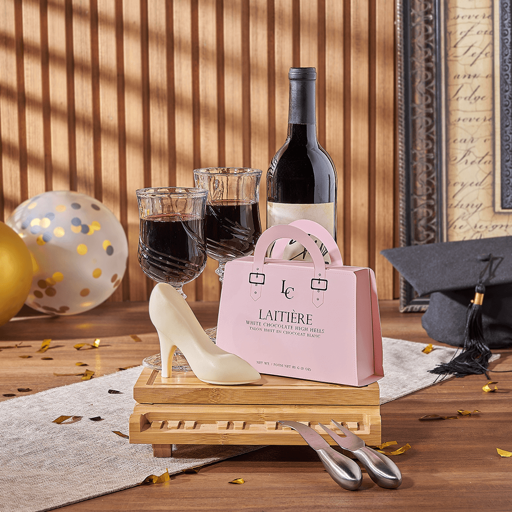 Graduation Wine Gift Basket with Grand Piano Cheese Board and Fontana Glasses – how the gift is presented
