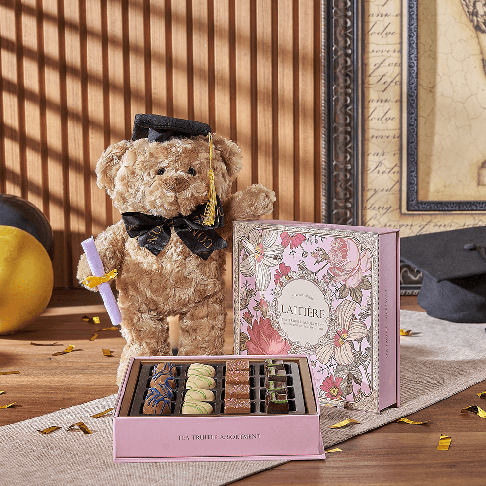 Graduation Gift: Brown Plush Teddy Bear and Tea-Inspired Truffles – how the gift is presented