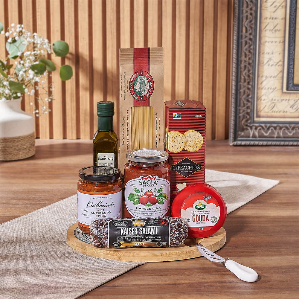 Premium Italian Gourmet Gift Basket Featuring Cheese, Salami, and Spaghetti – how the gift is presented