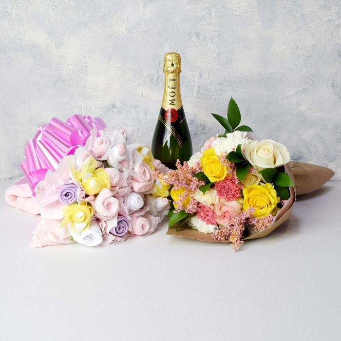 Deluxe Champagne Baby Girl Gift Basket with Handmade Bouquet – how the gift is presented