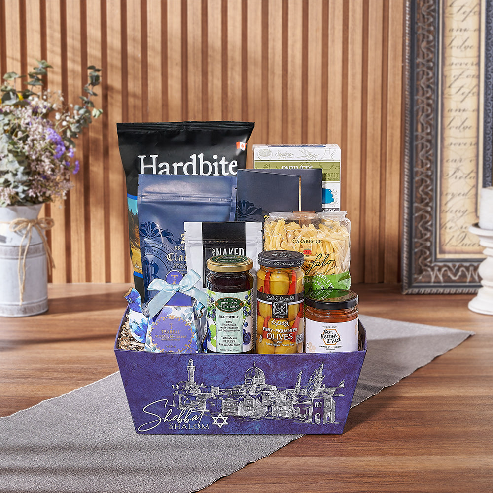 Kosher Hanukkah Gourmet Gift Basket with Honey and Olives – how the gift is presented