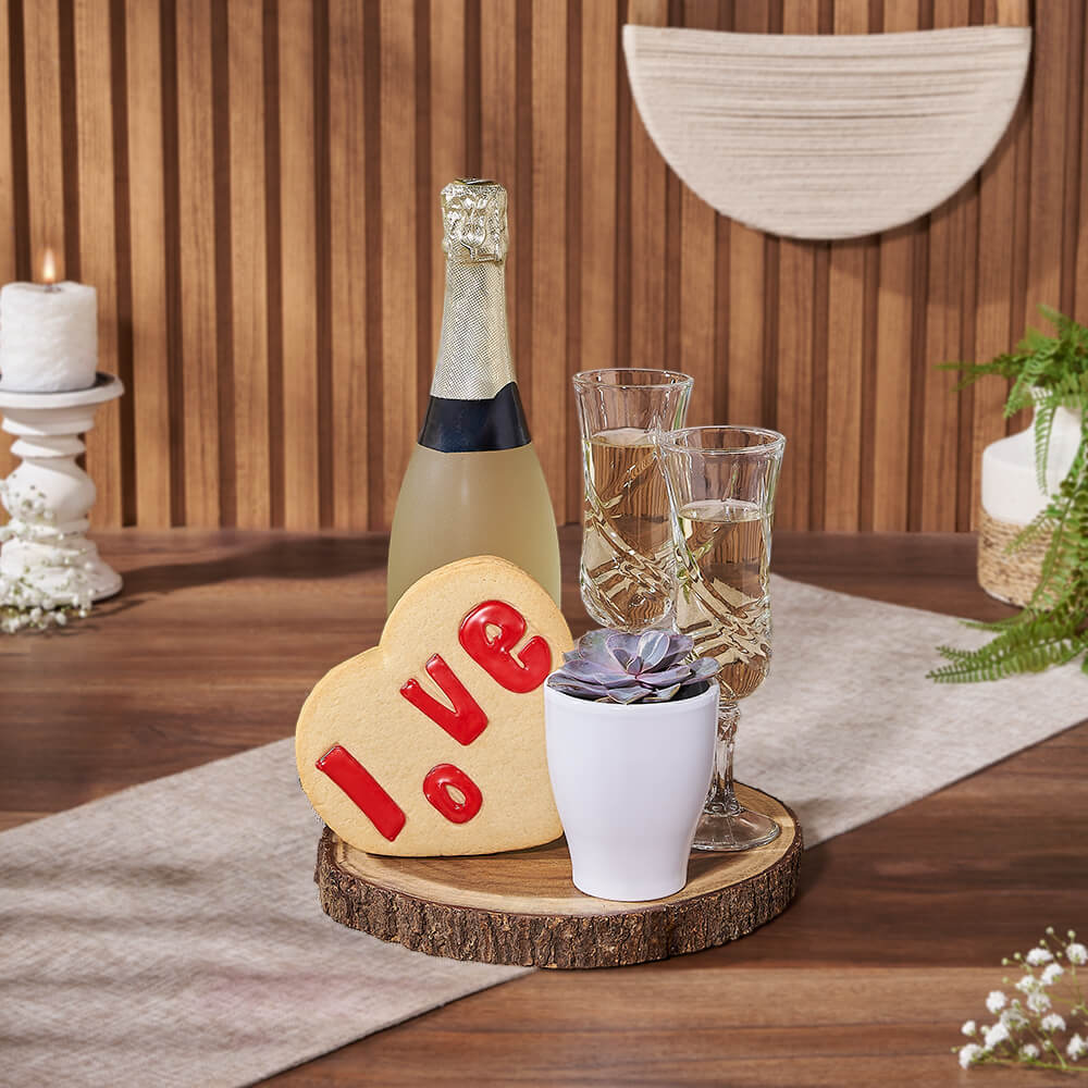 Special Occasion Sparkling Wine Basket with Serving Board and Flutes – how the gift is presented