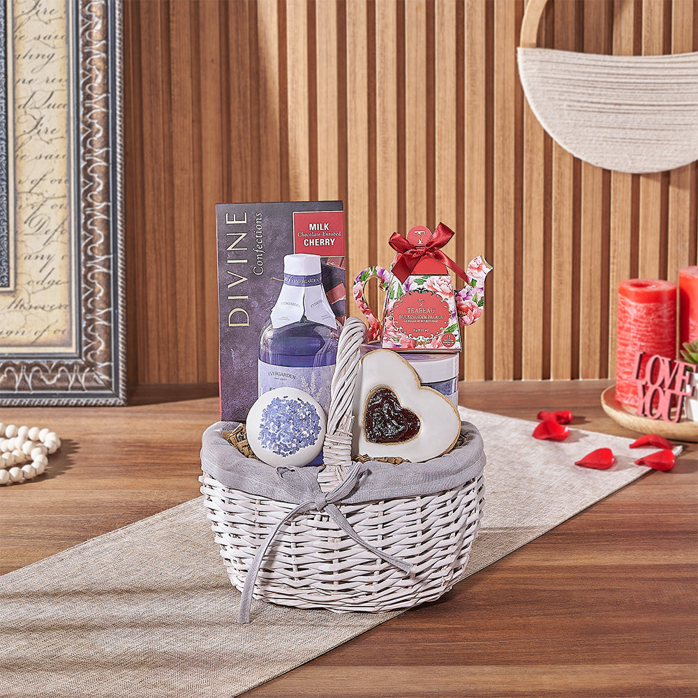 Beaconsfield Valentine’s Day Gift Basket, chocolate gift, chocolate, spa gift, spa, tea gift, tea, New Hampshire delivery