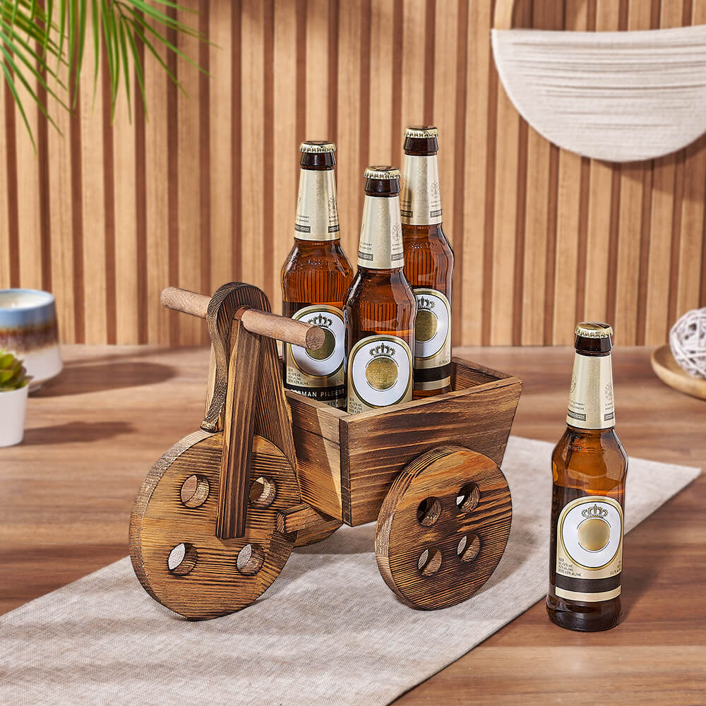 Classic Beer Gift Basket with Wooden Cart Box – how the gift is presented