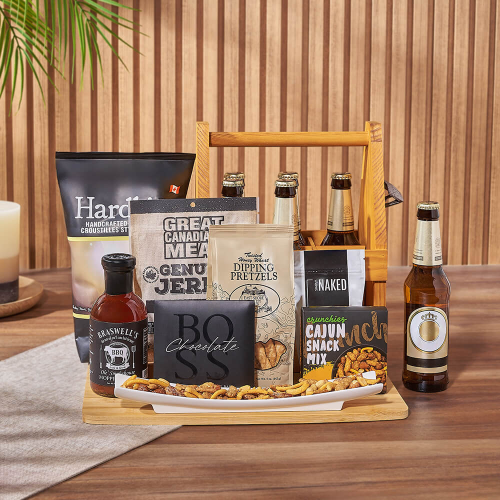 Gourmet Beer Gift Basket Featuring Salami, Pretzels & Artisan Chocolate – how the gift is presented