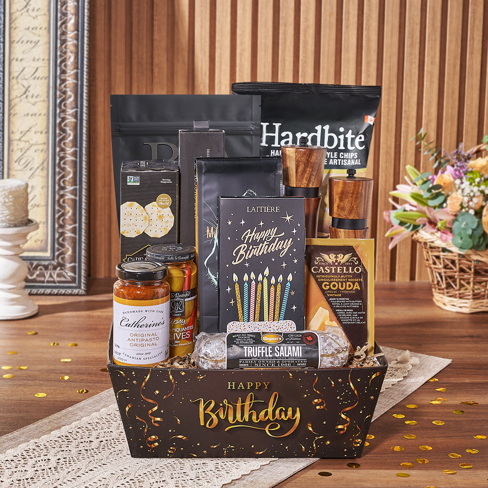 Gourmet Birthday Gift Basket with Artisan Snacks and Salami – how the gift is presented