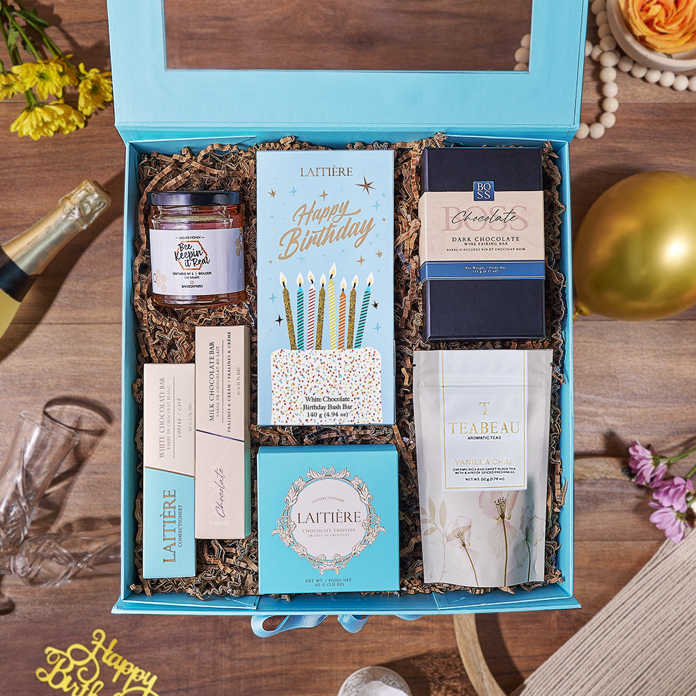 Blue Hinged Birthday Gift Box with Truffles and Tea – how the gift is presented